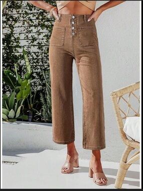 Wide Leg Brown Button-Front Pants